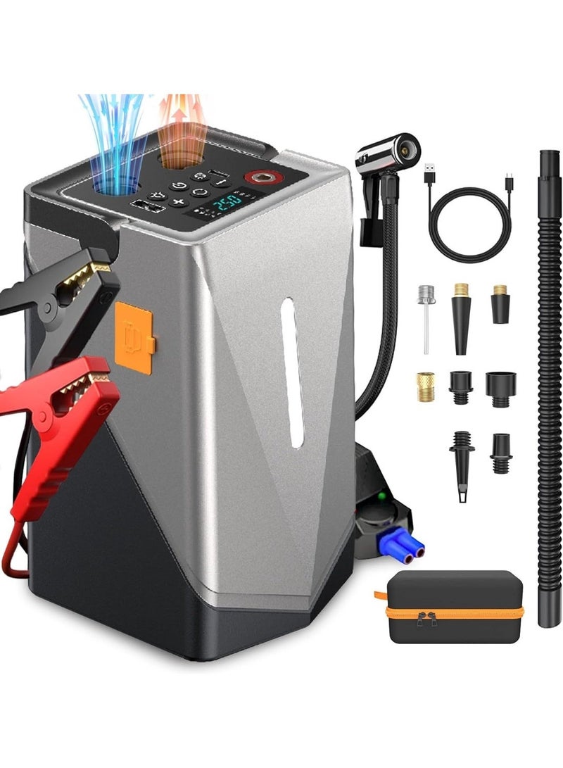 Car Jump Starter 1000A 12000mAh 14.8V with 150PSI Air Compressor & Electric Air Blower – Multi-Function Smart Booster for 3L Diesel & Petrol Cars with LCD Display & Emergency Light - Image 1